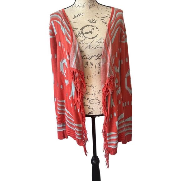 Umgee Boho Aztec Orange Blue Fringe Shawl Cardigan Sweater S - Picture 1 of 6